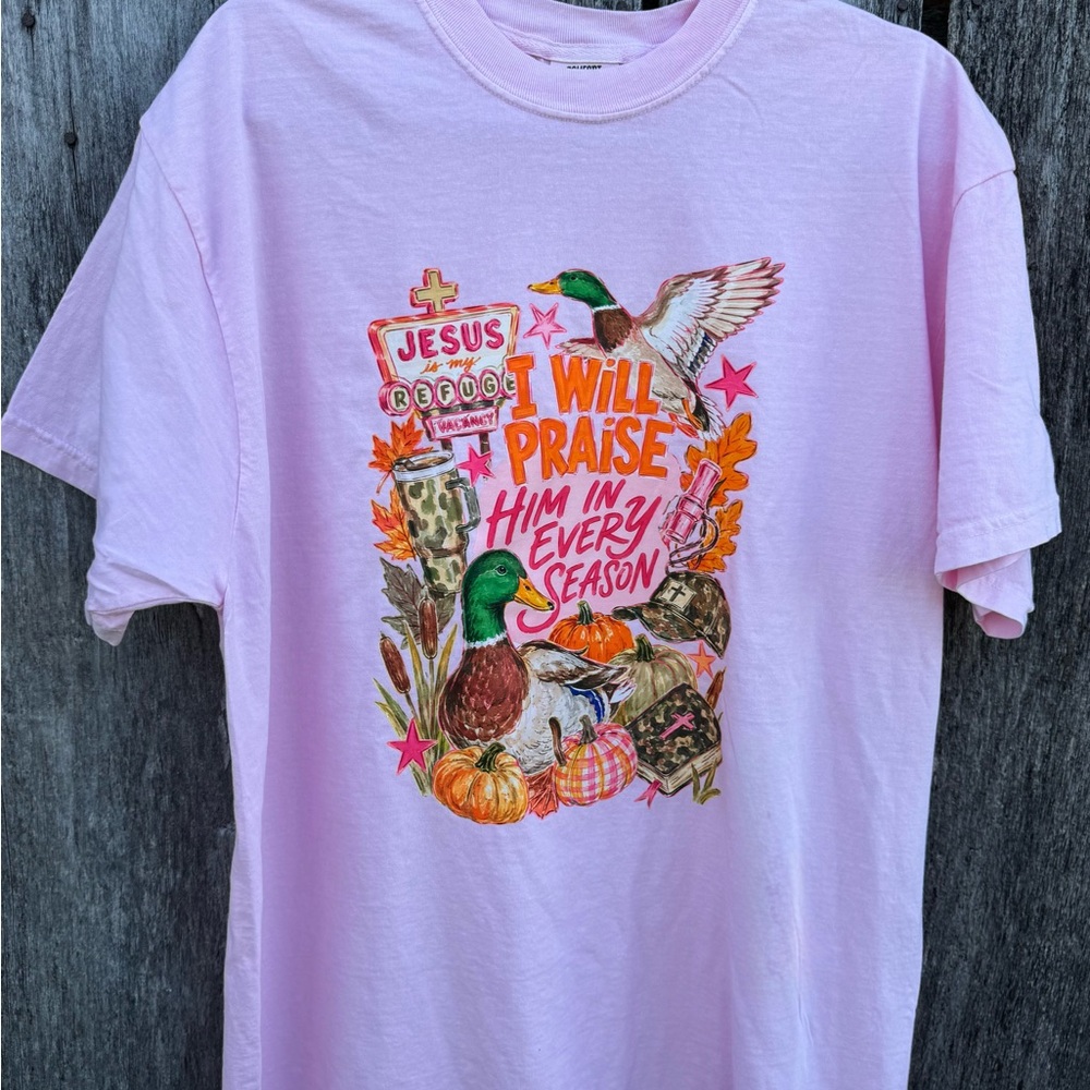 New Fall Christian unisex Graphic Tee - Pink "I Will Praise Him In Every Season"